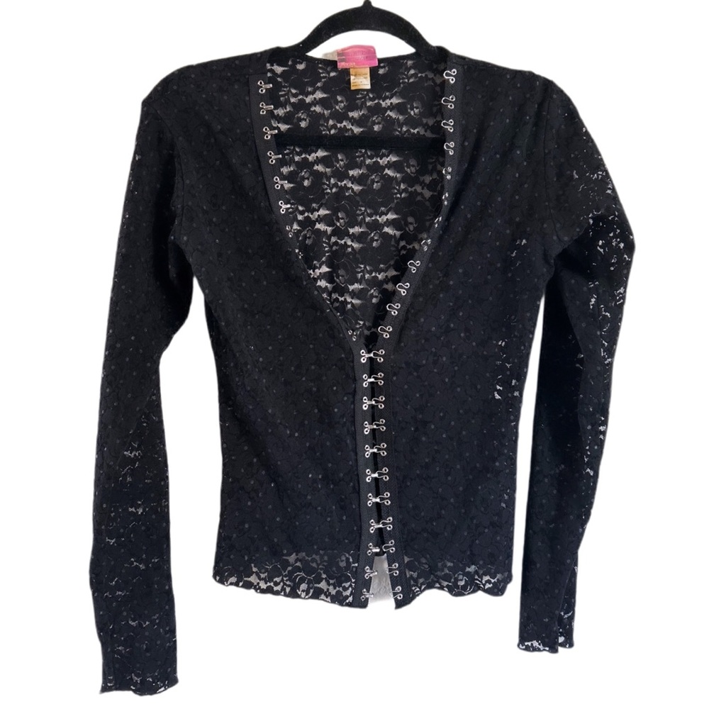 Vintage 90s Black hook and eye lace long sleeve see-thru top